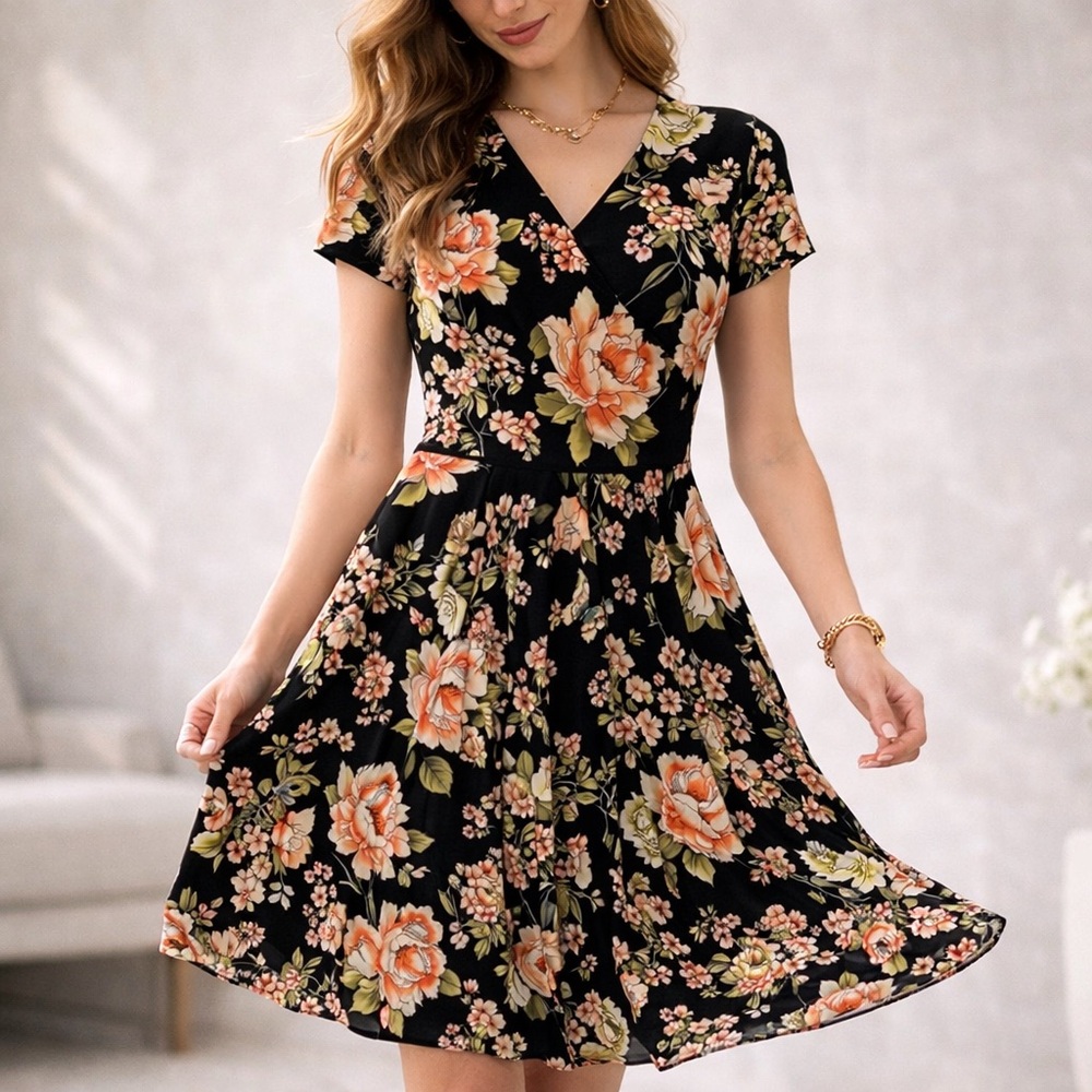Maggy London Black Floral Pleated Midi Dress Size 14 | Romantic Feminine Flowy